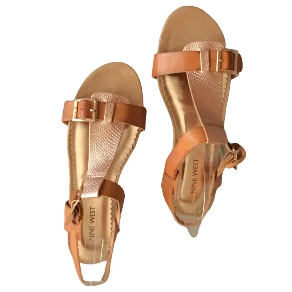 Nine West Girls Sandals Rose Gold Camel Tan Leather Buckle Flat Girls Size 4